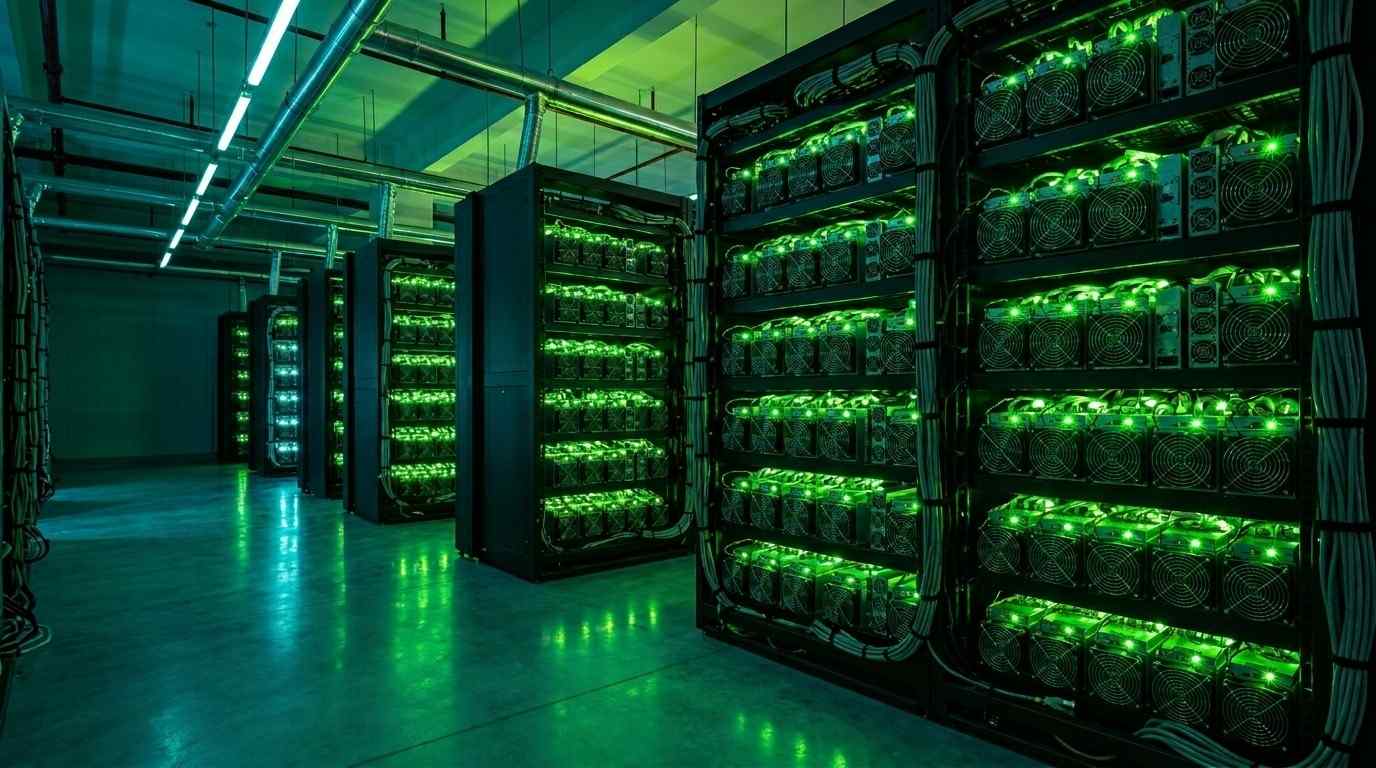 Bitcoin mining farm Pakistan - Antminer ASIC machines with green LED lights running 24/7